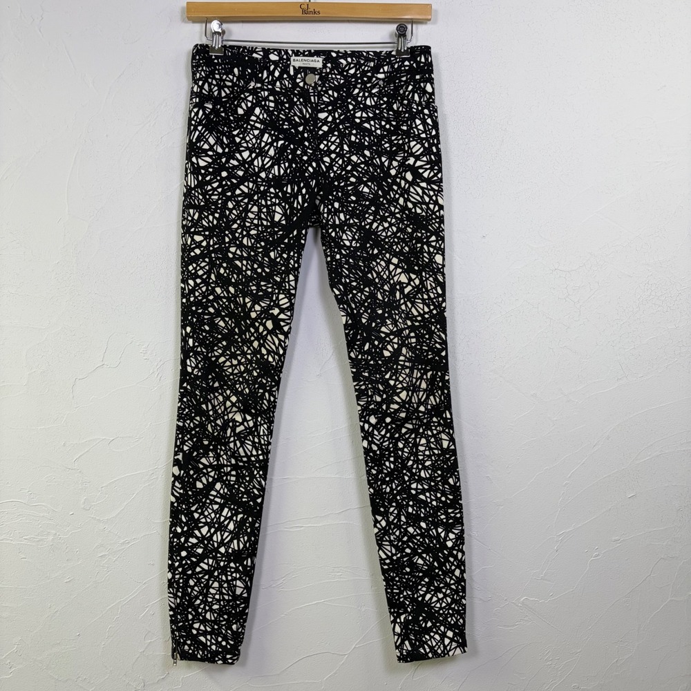 Balenciaga Womens 40 Abstract Print Skinny Jeans Black White Ankle Zip Italy